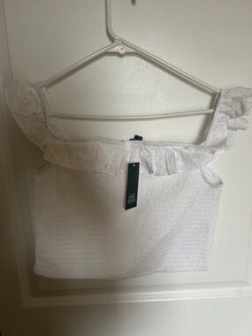 White Smocked Off-Shoulder Ruffle Crop Top